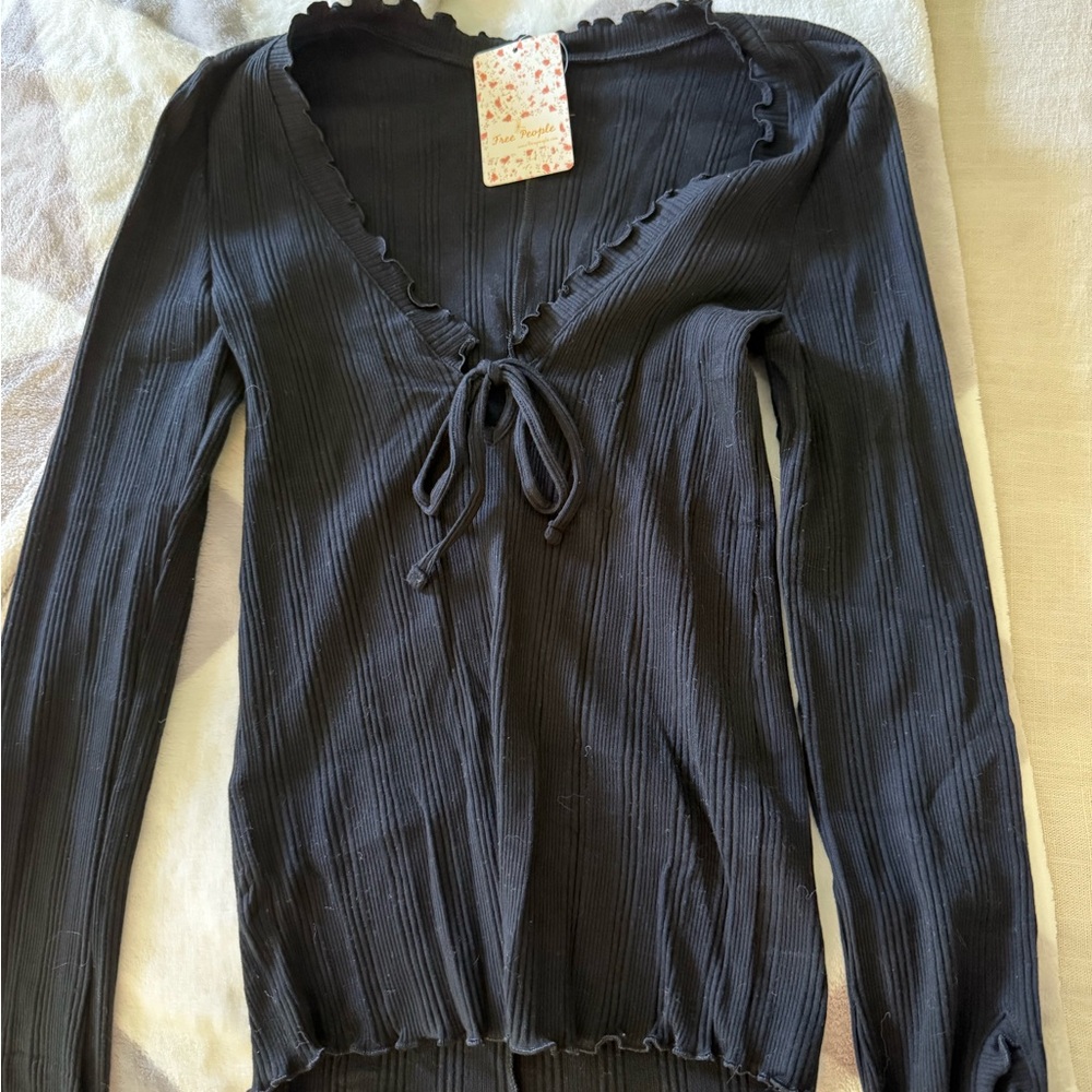 Free People Black Long Sleeve Ribbed Top
